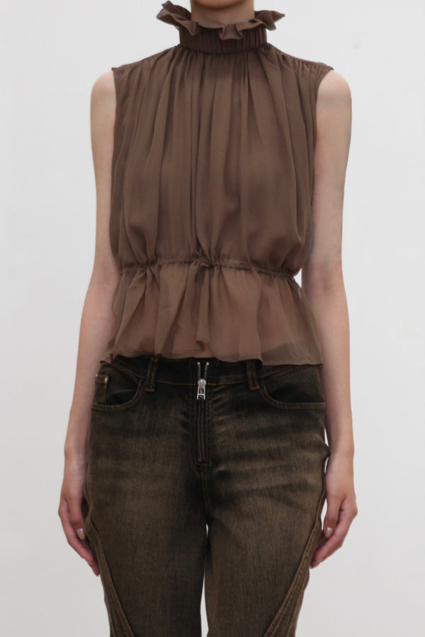 OUDE WAAG High-Neck Shirred Halter Vest OW-OW-25PF-TP03-HZ (BR430 Gray Brown) (OW-25SS-TP02 OW-25PF-TP03)